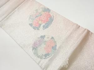 リサイクル　襷に丸文・花々模様織出し開き名古屋帯（額縁仕立て）